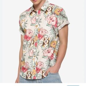 Hot Topic Tropical Corgi Vibe Button Shirt Hawaiian Tiki Surf Floral Medium